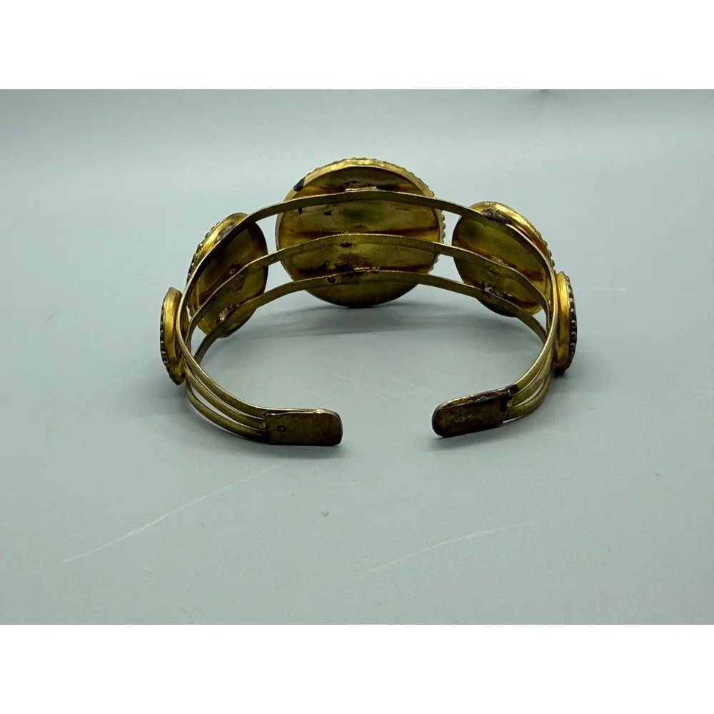 Tibetan Style Cuff Bracelet Blue Red Brass Tone Metal Mosaic Medallions Inlay